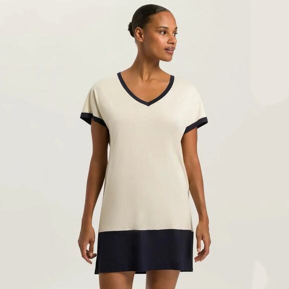 Hanro Womens S Laura BigShirt Colorblock Cotton Modal Knit Sleep Shirt Ivory